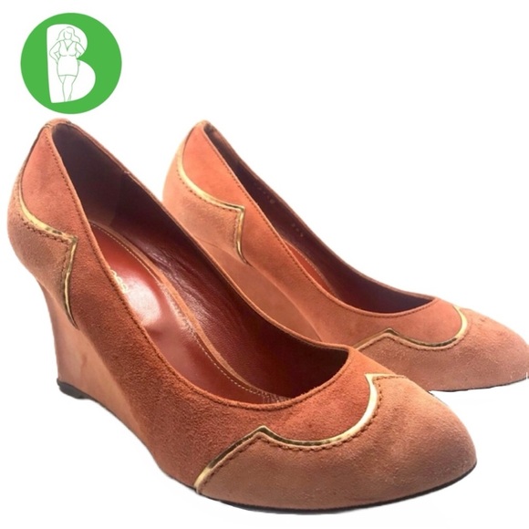 SERGIO ROSSI ORANGE SUEDE WITH GOLD ACCENTS WEDGE HEEL SHOES  (36.5) - Picture 1 of 13